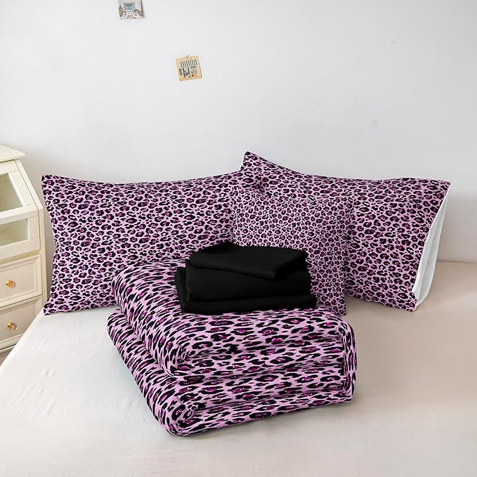 Leopard Print Comforter King Black and Purple Bedding Sets 8 Pcs Purple Cheetah Animal Print Texture Wild Leopard Bed in A Bag with Comforter and Sheet Set