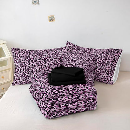 Leopard Print Comforter Queen Black and Purple Bedding Sets 8 Pcs Purple Cheetah Animal Print Texture Wild Leopard Bed in A Bag with Comforter and Sheet Set