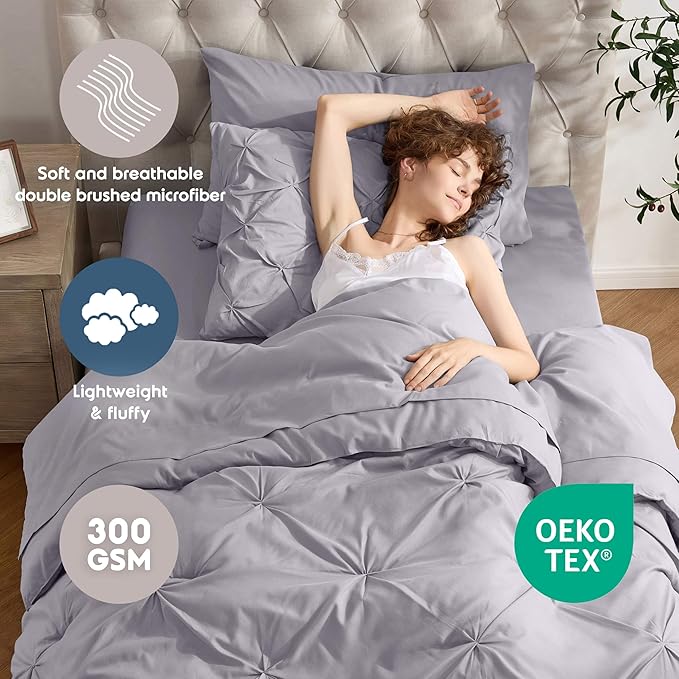 Nestl Twin XL Comforter Set 5 Piece - Pintuck Twin XL Bedding Set Grey Lavender, College Dorm Essentials Bed in a Bag, Twin XL Comforter Set for College Girls and Boys with Sheets, Pillowcase and Sham
