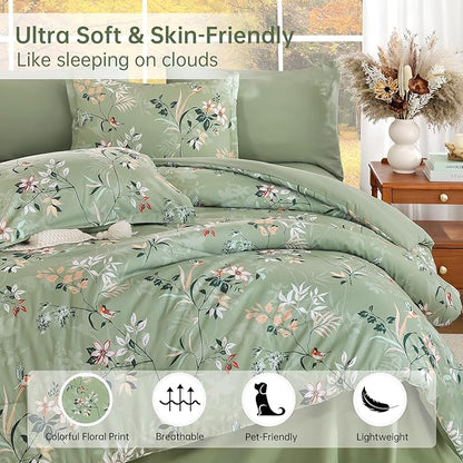 Green Queen Comforter Size Set, 7 Pieces Floral Bed in a Bag Bedding Sets, Lightweight Soft Comforter and Sheet Set, All Season Microfiber Flower Bedding Sets