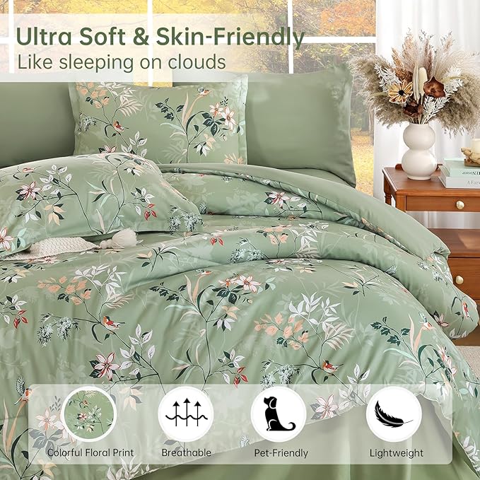 Green King Comforter Size Set, 7 Pieces Floral Bed in a Bag Bedding Sets, Lightweight Soft Comforter and Sheet Set, All Season Microfiber Flower Bedding Sets