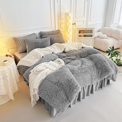 UOZZI BEDDING Gray Faux Fur Comforter Set King 3 Pieces - 1 Shaggy Comforter 104x90 and 2 Pillowcases, Ultra Soft and Easy Care Luxury Plush Super Warm Winter Shaggy Duvet Set