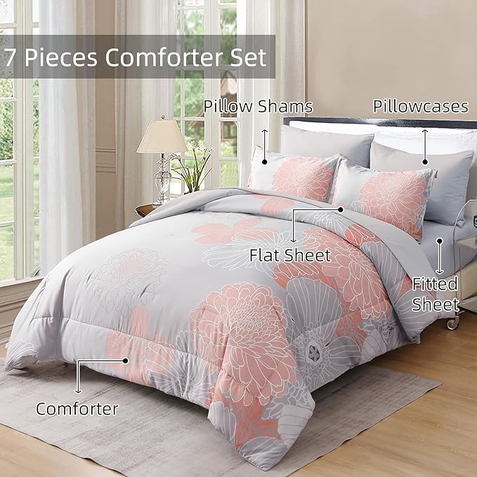 Yiran Blush Grey Floral Bed in a Bag Comforter 7 Pieces Soft Microfiber Comforter Set Bedding Set King Size 104"×90"(1 Comforter,2 Pillowcases,2 Pillow Shams,1 Flat Sheet,1 Fitted Sheet)