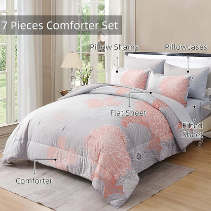 Yiran Blush Grey Floral Bed in a Bag Comforter 7 Pieces Soft Microfiber Comforter Set Bedding Set King Size 104"×90"(1 Comforter,2 Pillowcases,2 Pillow Shams,1 Flat Sheet,1 Fitted Sheet)