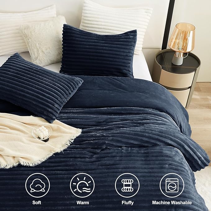 CozyLux Fluffy King Size Comforter Set - Super Soft Faux Fur Navy Blue Comforter King Size, Winter Warm Fleece Bedding Set, 3 Pieces Plush Fuzzy Bed Set (1 Shaggy Comforter, 2 Pillowcases)