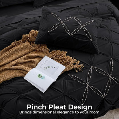 Sasttie California King Comforter Set, 7-Piece Bed in a Bag, Pintuck Bedding Sets for All Season, Includes Comforter, Flat Sheet, Fitted Sheet, Pillowcases and Pillowshams, Black
