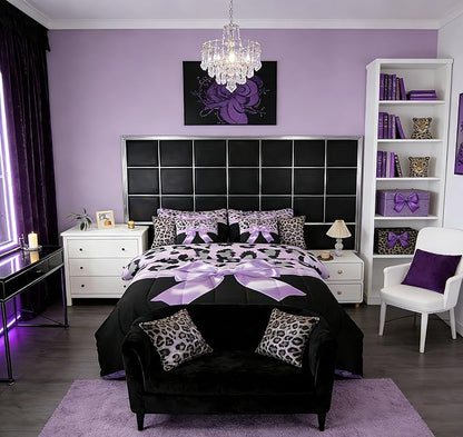Feelyou Purple Silk Bowknot 7 Piece Bedding Set King Size Grey Leopard Comforter Set with Sheets for Kids Girls Women Black Purple Bed in a Bag Sweet Romantic Bed Set