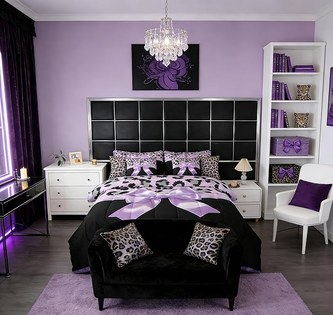 Feelyou Purple Silk Bowknot 7 Piece Bedding Set Twin Size Grey Leopard Comforter Set with Sheets for Kids Girls Women Black Purple Bed in a Bag Sweet Romantic Bed Set