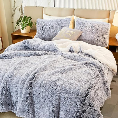 Flysheep Luxury Faux Fur Shaggy Fluffy Comforter Set Twin Size Mixed Gray and White Long Hair, 3 Pieces Plush Flannel Sherpa Backing Reversible Soft Microfiber Bedding Set Super Warm for Winter