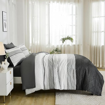 Drucon Black and Grey Comforter Set California King Size 7 Piece Bed in a Bag Boho Striped Bedding Set Soft Microfiber Comforter and Sheet Set for All Season (Cal King, 104"x96")