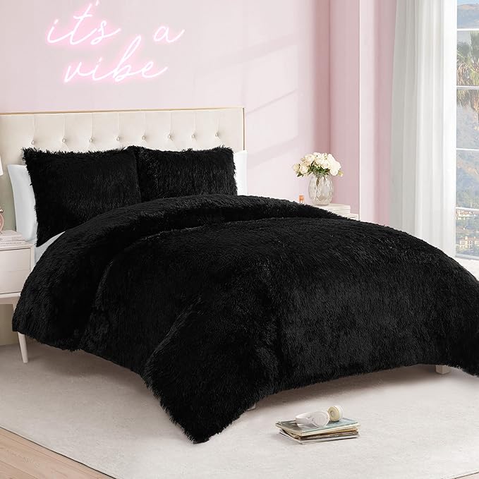 Juicy Couture Shaggy Faux Fur Black Twin/Twin XL Comforter Set - Soft and Cozy 2-Piece Machine Washable Bedding Comforter and Sham Set
