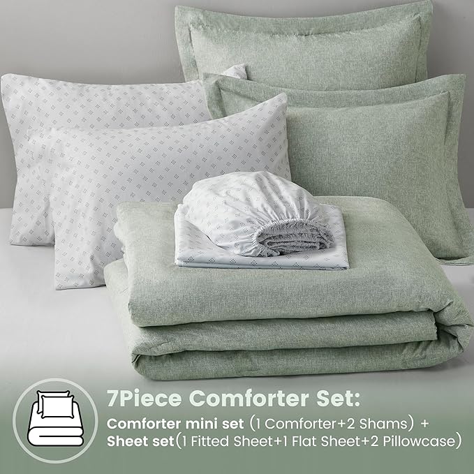 Comfort Spaces Queen 7 Pieces Comforter Set, Boho Bed Sets for Queen Size, Farmhouse Bedding Sets with Comforter, Gift Bed in a Bag with Comforter, Sheets, Pillowcases, and Shams, Queen, Sage Green