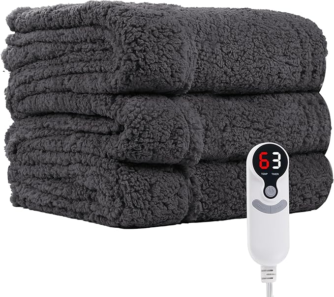 Electric Heated Blanket Throw Size 50"×60" with 9 Heating Levels & 1-10 Hs auto Off, Heating Throw Double Sided Sherpa, Energy Efficient, Machine Washable, for Couch & Office, Dark Gray