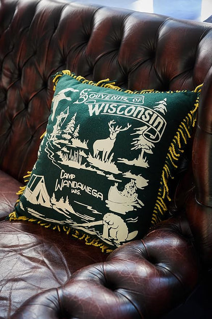Camp Wandawega Souvenir Fringed Throw Pillow, Vintage Lodge Decorative Pillow, Square 20x20