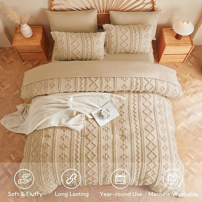 MR&HM Boho Comforter Set Full, Khaki 7 Pieces Bedding Set, Farmhouse Shabby Chic Bed in a Bag with 1 Comforter, 2 Pillow Shams, 2 Pillowcases, 1 Flat Sheet, 1 Fitted Sheet for All Seasons