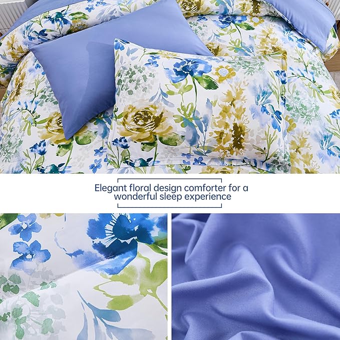 Luxudecor Floral Comforter Set King Size 7 Pieces Bed in a Bag, Blue Flower Watercolor Bed Set, Soft Comforter with Sheet Set 104"x90"