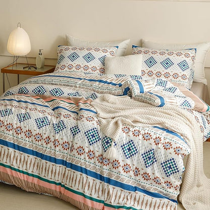 CLOTHKNOW Aztec Boho King Size Comforter Set Southwest Bedding Comforter Sets White Blue Comforter American Tribal Navajo Comforter with 2 x Pillowcases