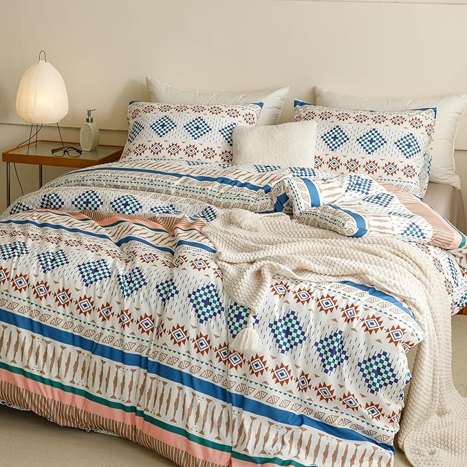 CLOTHKNOW Aztec Southwest Comforter Set Twin/Twin XL Geometric Bedding Comforter Sets Bohemian Twin Comforter White Blue Comforter Sets