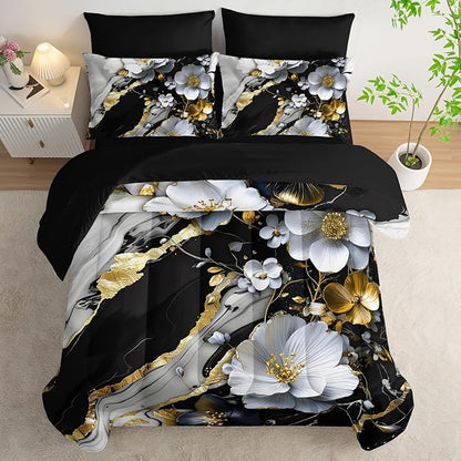 7 Piece Marble Floral Comforter Set Queen，Black and White Marble Bedding Set，Black and Gold Marble Bedroom Decor，(1 Comforter, 1 Flat Sheet, 1 Fitted Sheet, 2 Pillowcase and 2 Pillow Sham)