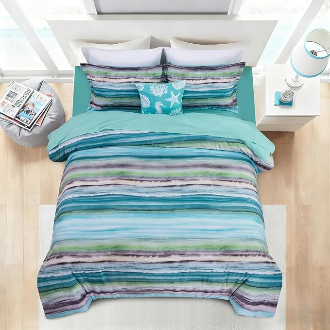 Holawakaka Beach Stripe Bedding Sets 6 Pieces, Aqua Coastal Striped Comforter Set Queen Size All Season Geometric Bed Set, Nautical Bed in a Bag with Comforter, Sheets and Shams