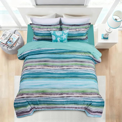 Holawakaka Beach Stripe Bedding Sets 6 Pieces, Aqua Coastal Striped Comforter Set Queen Size All Season Geometric Bed Set, Nautical Bed in a Bag with Comforter, Sheets and Shams