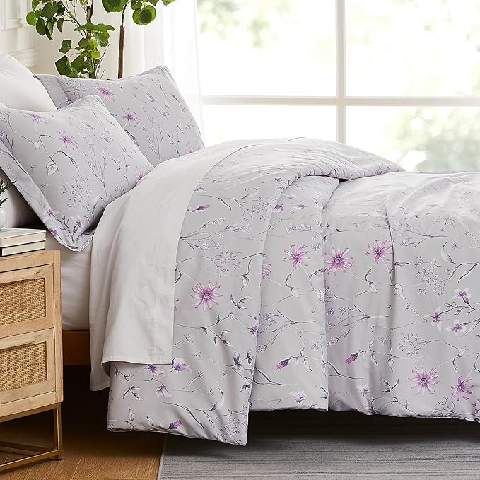 Southshore Fine Living, Inc. Oversized Twin Mattress Comforter Set, Down Alternative Boho Bedspread, The Secret Meadow Collection Comforter Sets, 2 Piece Bedding Set for Twin/XL Mattress, Grey