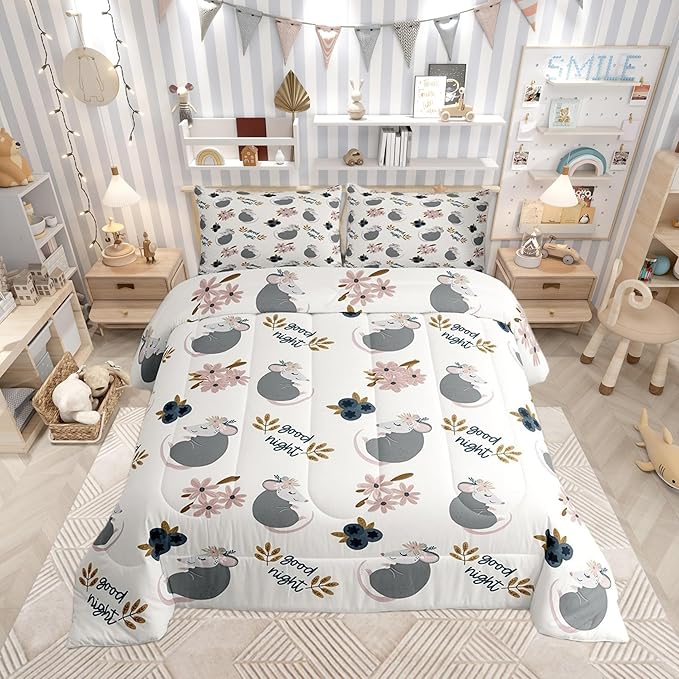 Cartoon Animals Bed Comforter Set Queen Size,Watercolor Flower Plant Super Soft Microfiber Bedding Set for Adults Teens,Cute Opossum Comforter Set,2 Pillowcases