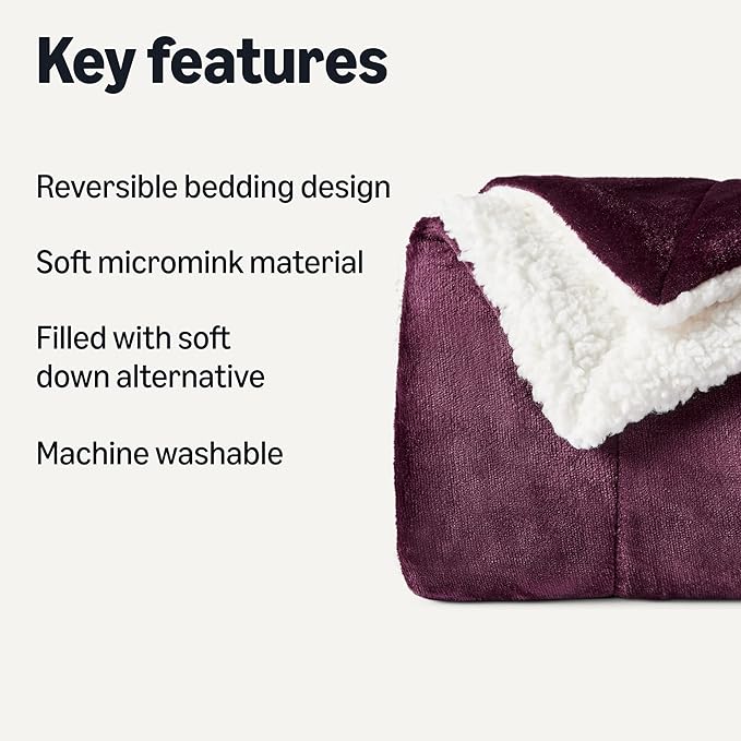 Amazon Basics Reversible Sherpa Throw Blanket, Velvety Flannel, Ultra Soft, Plum, 50"x60"