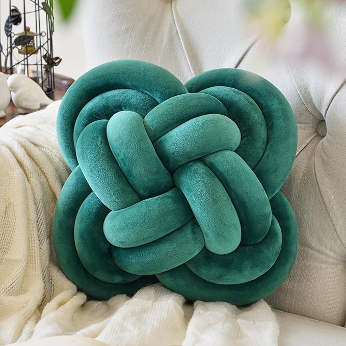Xuyier Knot Pillow Ball, Decorative Throw Pillows with Velvet Fabric for Couch Bed, 12" Decor Knotted Square Floor Pillow Cushions for Living Room (12 Inches, Dark Green)