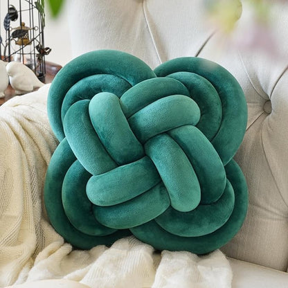 Xuyier Knot Pillow Ball, Decorative Throw Pillows with Velvet Fabric for Couch Bed, 12" Decor Knotted Square Floor Pillow Cushions for Living Room (12 Inches, Dark Green)