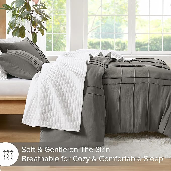 Comfort Spaces Grey Full Size Comforter Set - 3 Pieces Pintuck Pleated Bedding Sets, All Season Lightweight, Extra Softness Pre-Washed Microfiber Full Bed Set, Shams, Full