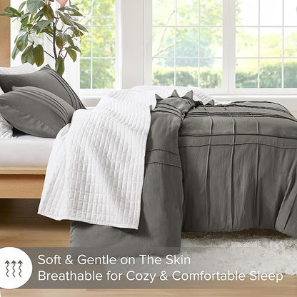 Comfort Spaces Grey Full Size Comforter Set - 3 Pieces Pintuck Pleated Bedding Sets, All Season Lightweight, Extra Softness Pre-Washed Microfiber Full Bed Set, Shams, Full