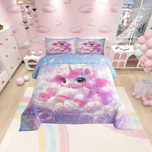 Kawaii Unicorn Bedding Set Full Size Colorful Glitter Stars Sky Galaxy Comforter Set for Girls Kids Teens Cartoon Dream Fairy Tale Style Quilted Duvet Set Room Decor 3Pcs,Reversible Colorful