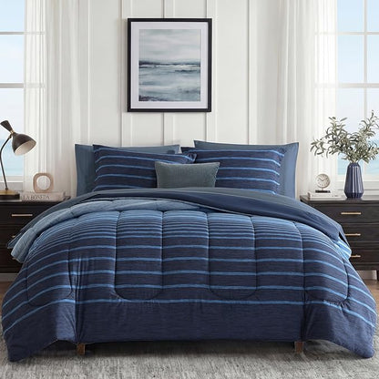 Monbix King Size Comforter Set - 7 Pieces Bed in a Bag King, Navy Blue-Stripe Bedding Sets, All Seasons Comforter Bed Set with Sheets, Pillowcases & Shams