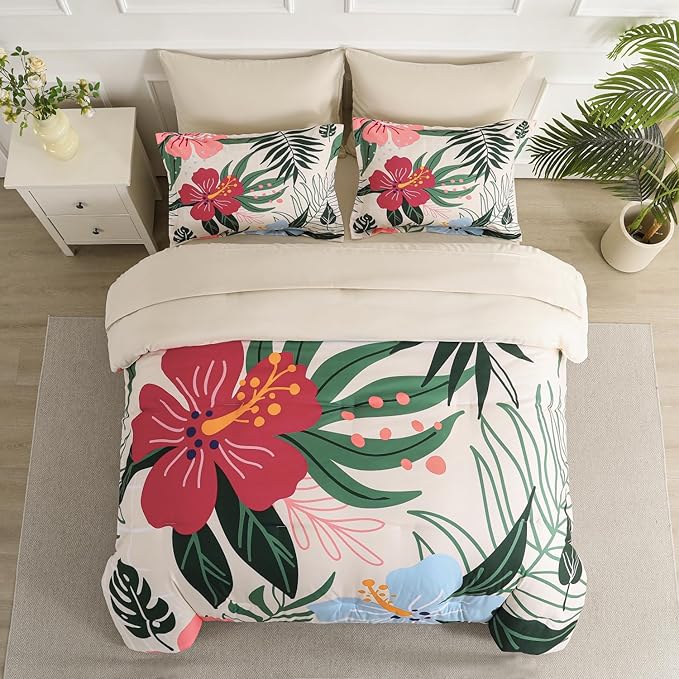 Yogeneg 7 Piece Bed in a Bag King Size Comforter Set Beige Bedding Set,Pink Floral Green Leaves Pattern Reversible Design,Soft Microfiber Comforter with Sheet Set,All Season(Beige,King)