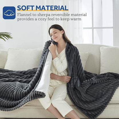 Sealy Electric Blanket Queen Size, Soft Ribbed Flannel to Sherpa Reversible Heated Blanket with Dual Control 10 Heat Settings & 1 to 12 Hours Auto-Off 84"x90" Machine Washable, Charcoal