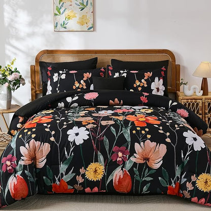 Anibedding 8Pieces Queen Comforter Set, Black Watercolor Floral Queen Size Bed in a Bag Comforter Set with Pillowcase, Sheets for All Season