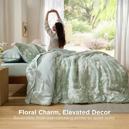 Bedsure Oversized Queen Comforter Set - 7 Pieces Floral Bedding Sets Sage Green Oversized Queen Bed in a Bag with Reversible Botanical Flowers Comforter, Sheets, Pillowcases & Shams