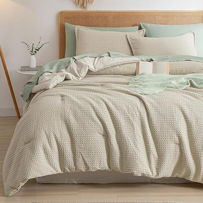 PHF Soft Waffle Comforter Set Twin Size- Comfy Breathable Waffle Weave Comforter with 1 Pillow Shams, 2 Pieces Less Snagging Lightweight Textured Bedding Set for All Season, Natural/Linen