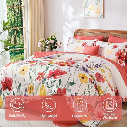 Anibedding 8Pieces Queen Comforter Set, Pink Red Watercolor Floral Queen Size Bed in a Bag Comforter Set with Pillowcase, Sheets for All Season