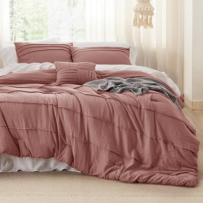 Bedsure Full Comforter Set - 4 Pieces Pinch Pleat Bed Set, Dusty Pink Boho Bedding for All Season, 1 Soft Comforter, 2 Pillowcases, 1 Decorative Pillow