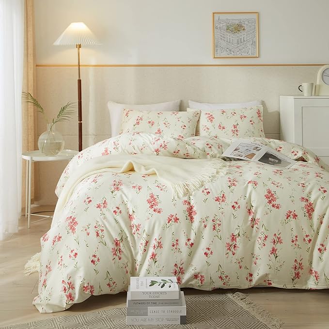 mixinni 3 Pieces Full Comforter Set, Boho Red Floral Printed Bed Comforter, Soft Fluffy Cottagecore Garden Style Flower and Green Leaf Bedding Set with 2 Pillowcases-Full Size