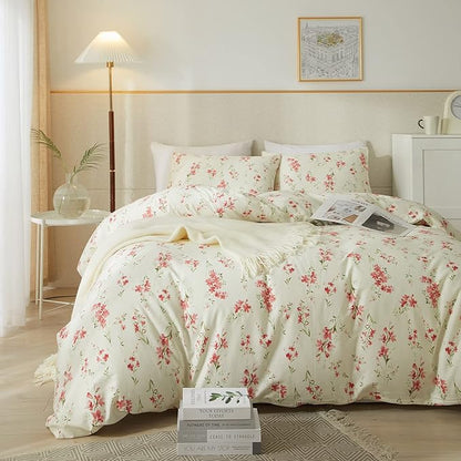 mixinni 3 Pieces Full Comforter Set, Boho Red Floral Printed Bed Comforter, Soft Fluffy Cottagecore Garden Style Flower and Green Leaf Bedding Set with 2 Pillowcases-Full Size