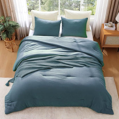 WRENSONGE Full Size Comforter Sets - 3 Pieces Oxford Blue Comforter Prewashed Soft Lightweight for All Seasons, Fluffy Down Alternative Comforter Full Size with 2 Pillow Shams