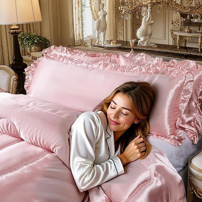 Satin King Comforter Set Silk Like Satin Bedding Set Hotel Soft Polyester Pink Bed Set Luxury Silky Pillow Cover with Quilt Set Ruffle Down Comforter Home Decor