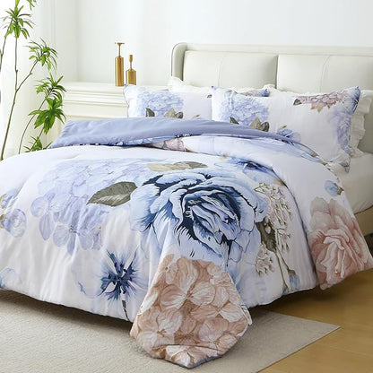 Floral Comforter Set King Size, 3 Pieces Elegant Blue Floral Bed in a Bag, Soft Microfiber Botanical Flower Bedding Set with 2 Pillowcases for All Season 104"×90"