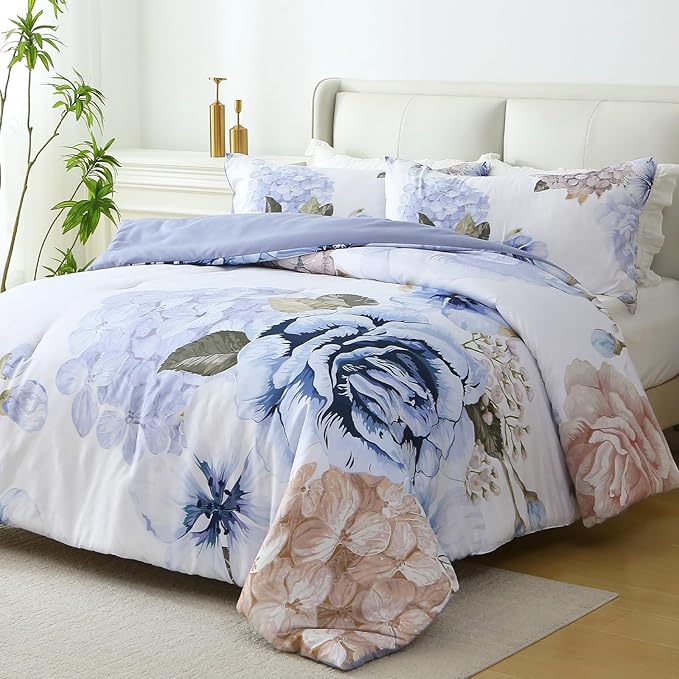 Floral Comforter Set Queen Size, 3 Pieces Elegant Blue Floral Bed in a Bag, Soft Microfiber Botanical Flower Bedding Set with 2 Pillowcases for All Season 90"×90"