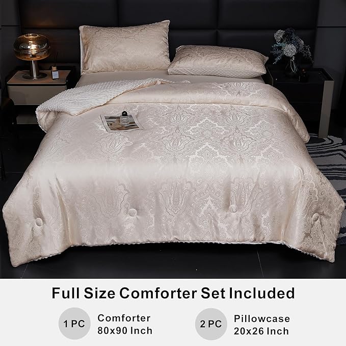 Jacquard Comforter Set - Luxury Warm Paisley Floral Pattern Full Size Bedding with 2 Pillowcases All-Season Soft & Lightweight 3D Bubble Design Bed Set (80x90 Inches Rose Gold)