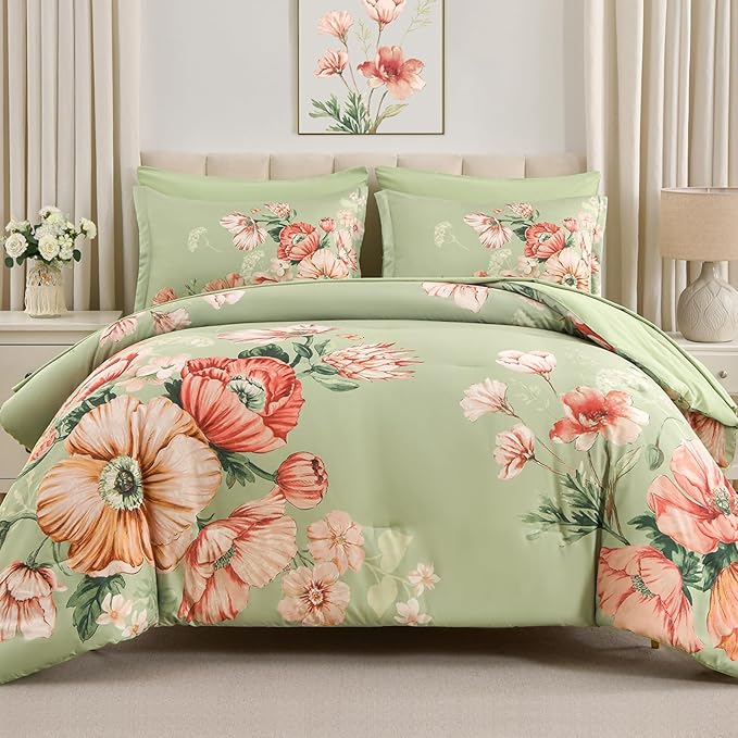 Queen Comforter Set - 7 Pieces Bed in a Bag Green Floral Queen Comforter Set with Sheets, Soft Microfiber Flower Complete Bedding Set for All Seasons（Green,90"x90"）