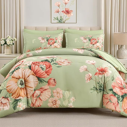 Queen Comforter Set - 7 Pieces Bed in a Bag Green Floral Queen Comforter Set with Sheets, Soft Microfiber Flower Complete Bedding Set for All Seasons（Green,90"x90"）